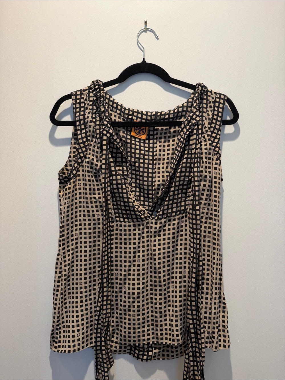 Tory Burch Sleeveless Black & Cream Check Tie-Neck Women's Top